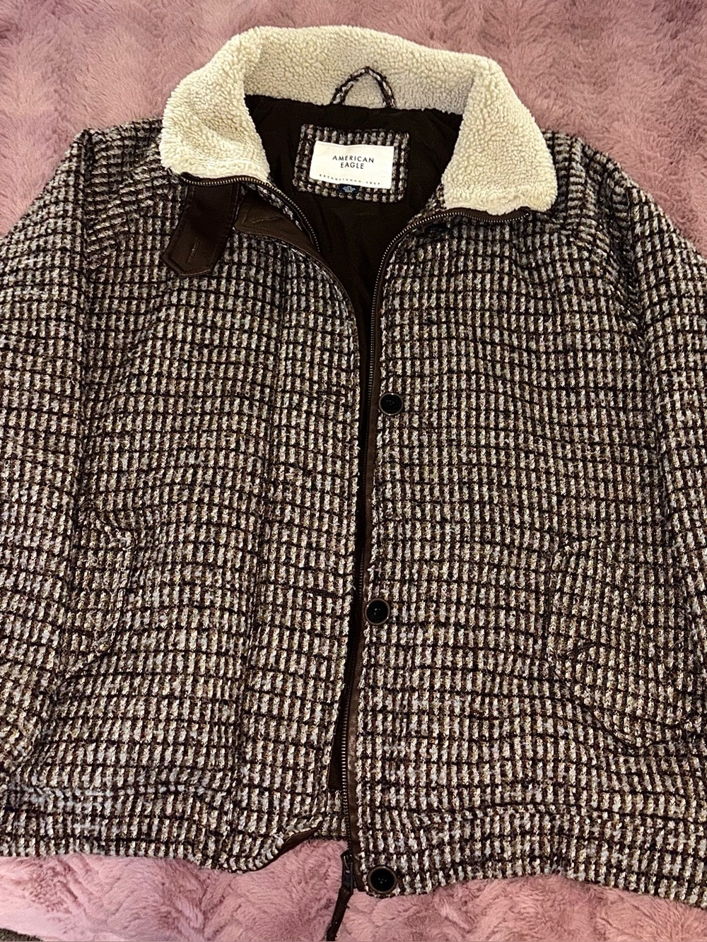 American Eagle Outfitters Brown Plaid Sherpa Collar Jacket